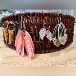 Lot of four pairs dangle earrings. Wire wrapped boho. Quartz. Feathers. Pink.
